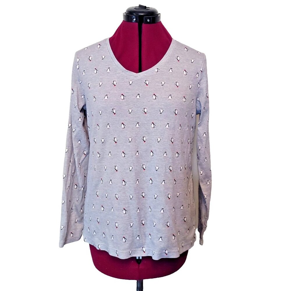 Croft & Barrow Women's Medium Penguin Print Classic Tee V-Neck Long Sleeve M